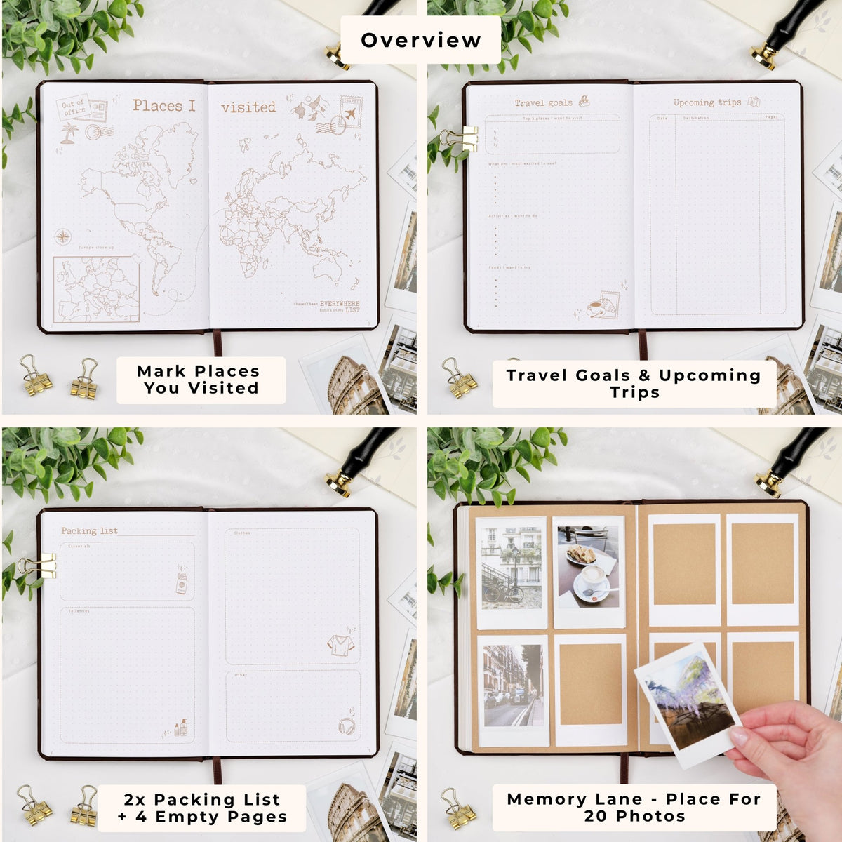 Premade Travel Journal overview - world map, travel goals, upcoming trips, packing lists and a memory lane for 20 polaroids.