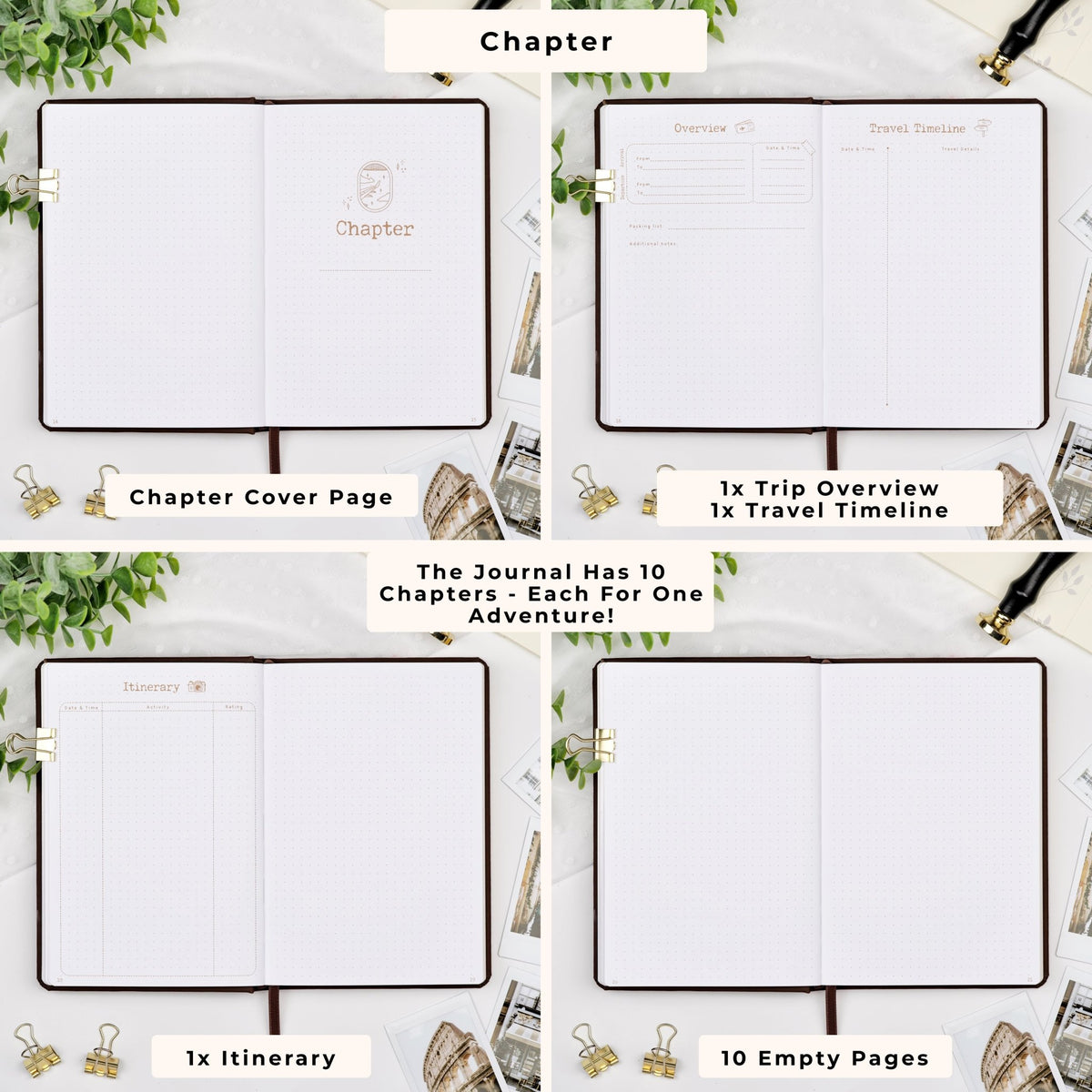 Travel Journal has 10 chapters - each for one trip. Cover page, trip overview, travel timeline, itinerary and 10 empty pages.