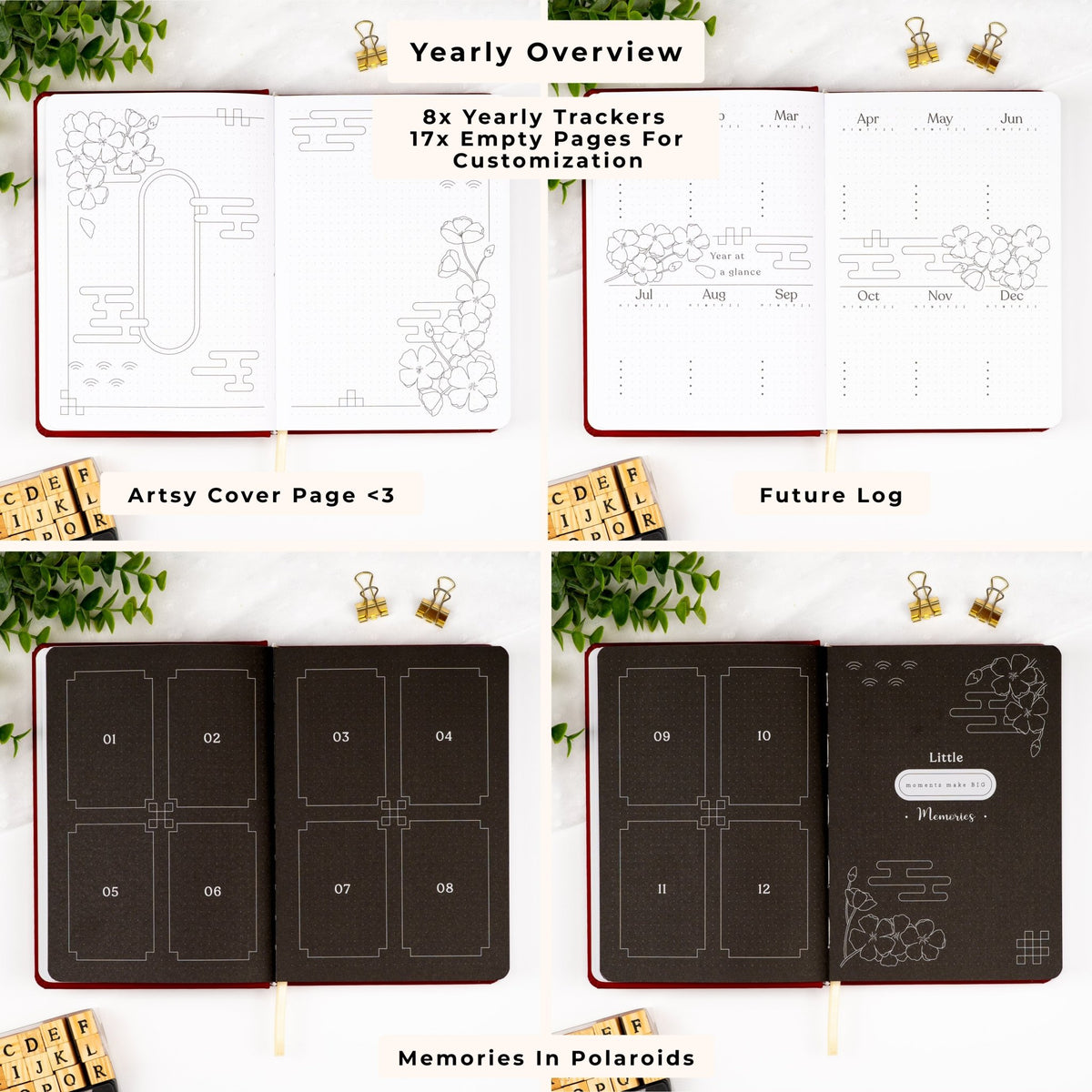 Yearly overview in a premade planner, including yearly tracker pages, cover page, future log, and memories in polaroids.