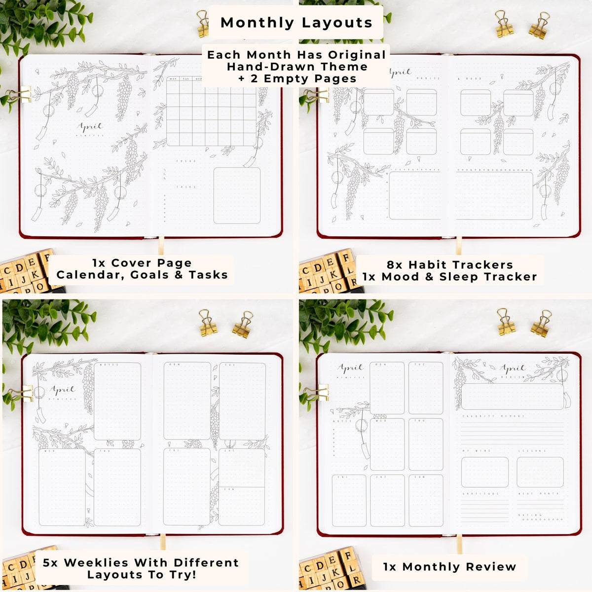 Monthly layouts in a A5 premade dotted notebook