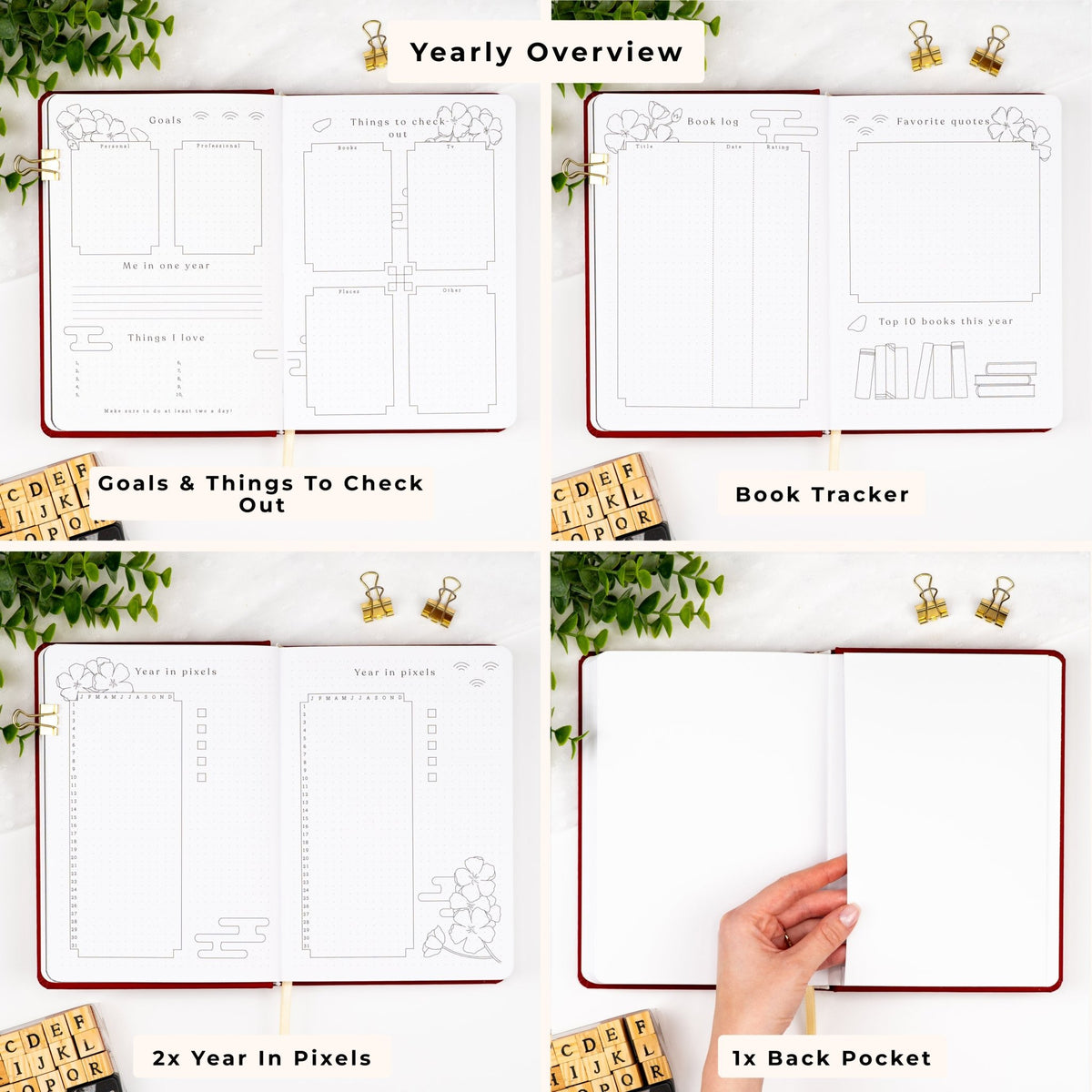 Yearly overview in a premade planner, including yearly goal tracker, things to check out, year in pixels and a back pocket.