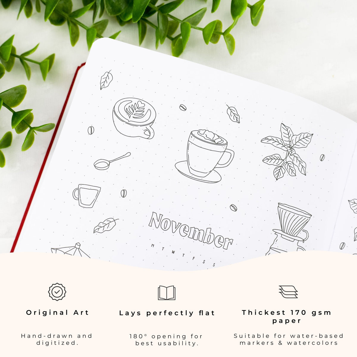 Close-up of a notebook page featuring coffee cups and coffee beans illustration, the month “November,” and product highlights: original art, lay-flat design, and 170gsm thick paper.