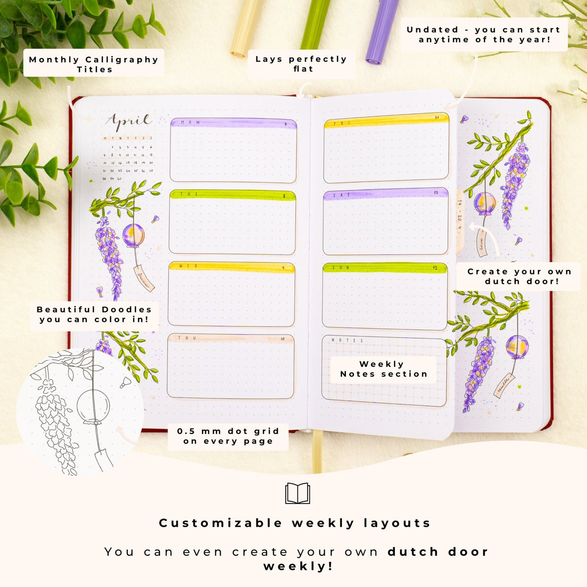 Hand-drawn premade bullet notebook with customizable weekly layouts and dutch door.
