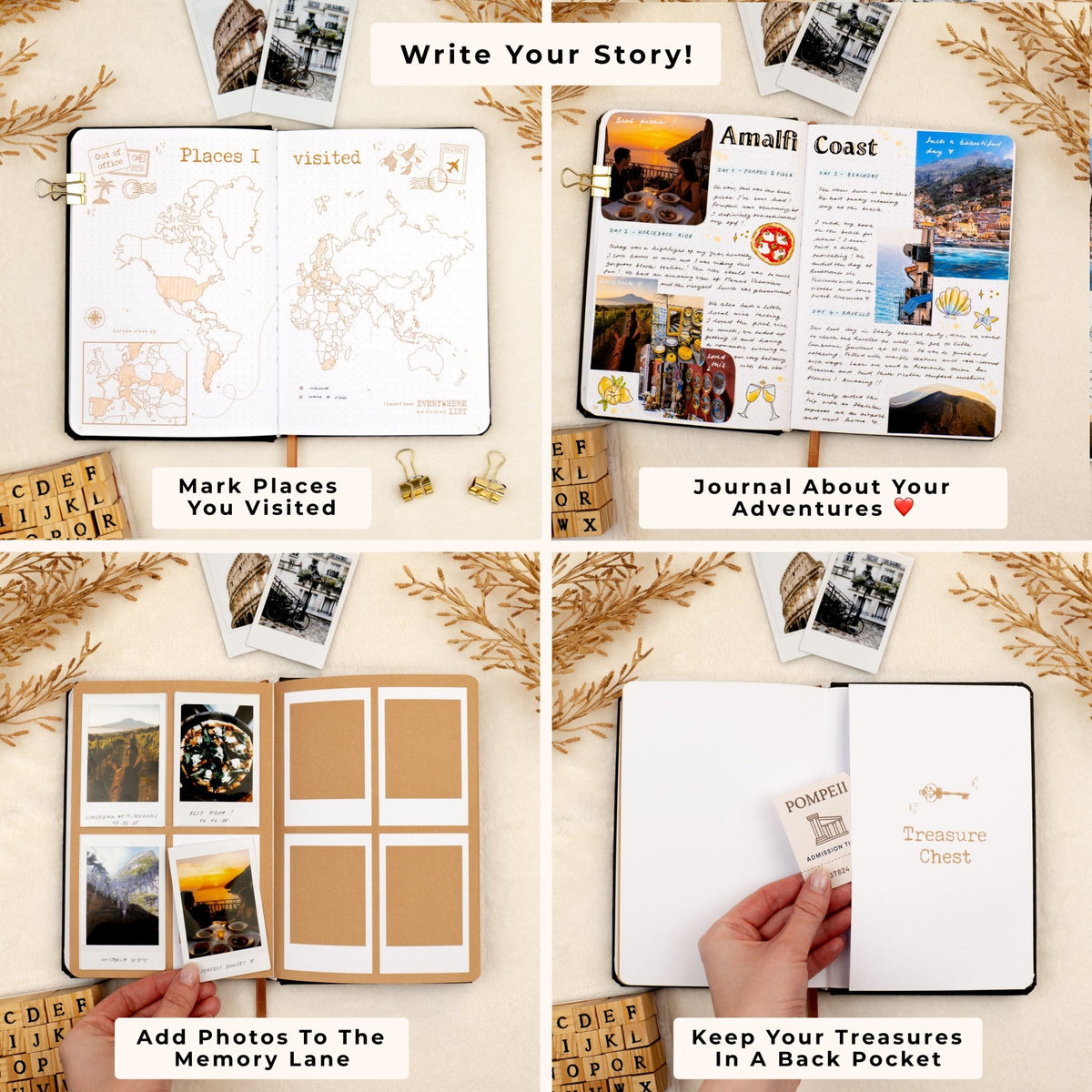 Travel journal's World Map of visited places, space for journaling, memory lane to add your polaroids and a back pocket.