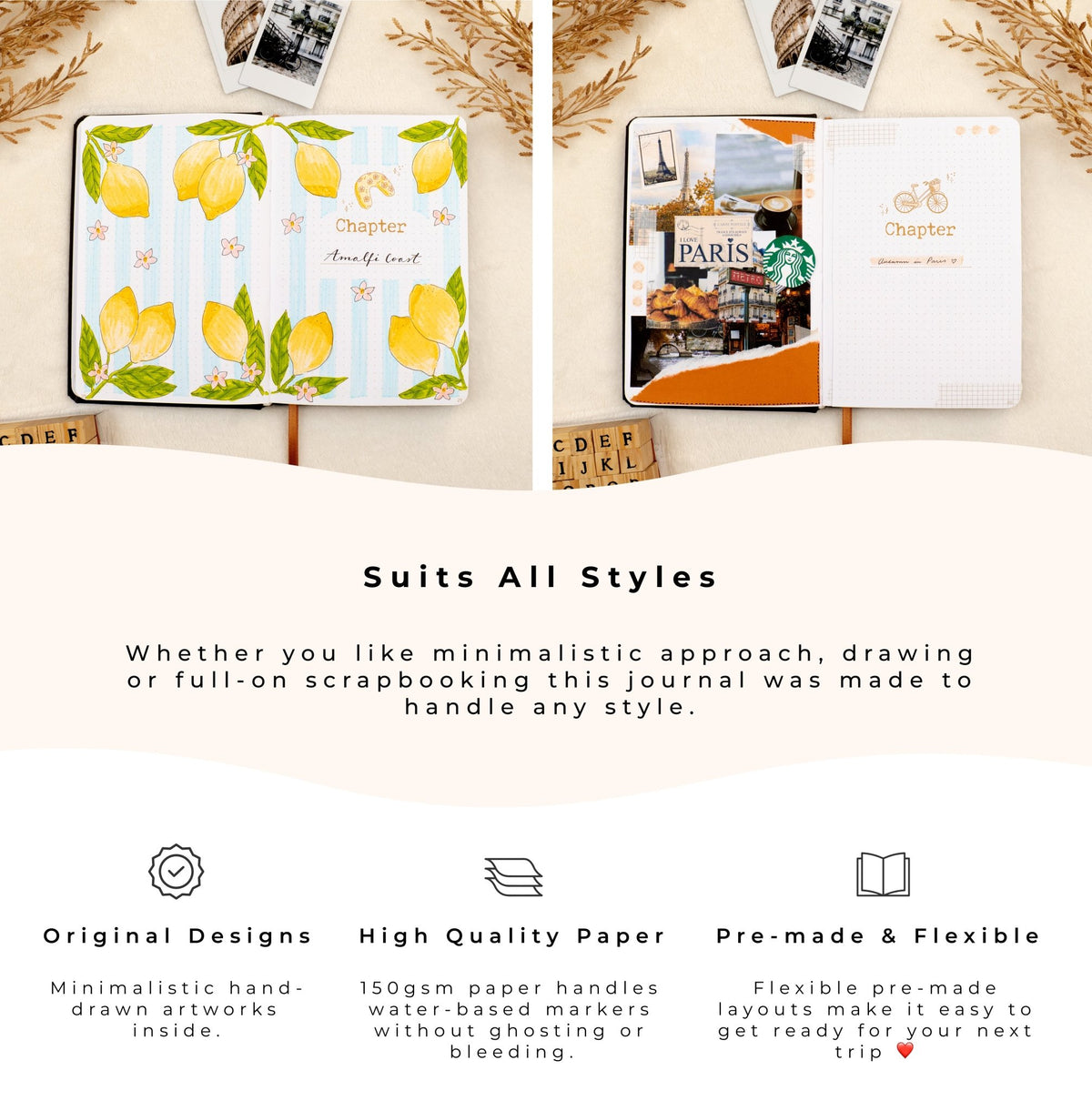 Travel Journal made to fit any style. Features original designs, high quality paper and is pre-made to save time.