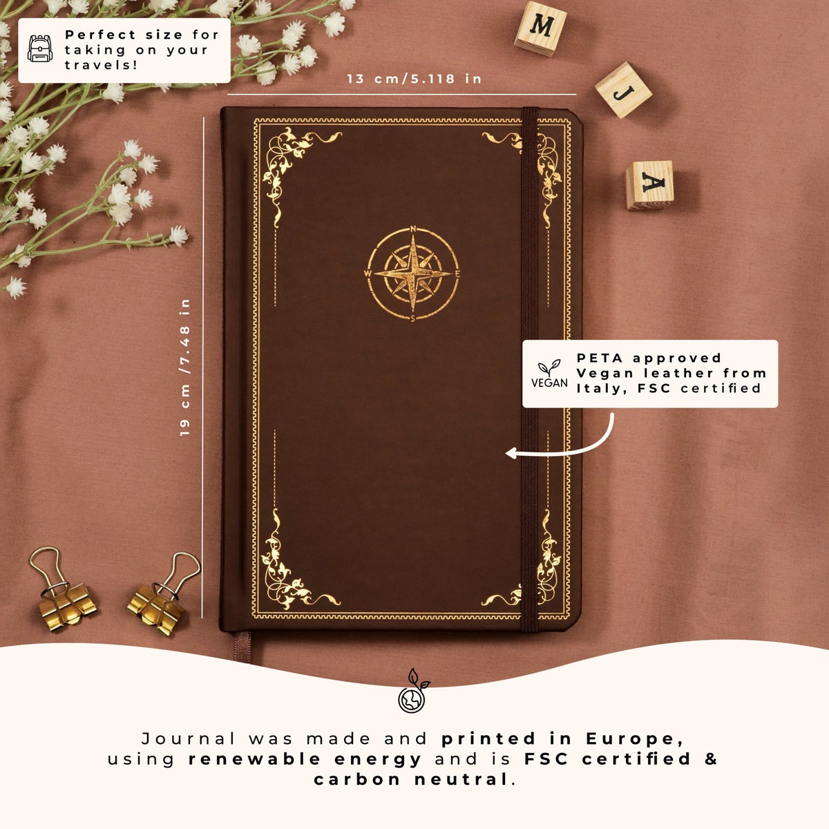 Brown dotted premade travel journal with PETA approved vegan leather, sustainably made in Europe. Perfect size for traveling.