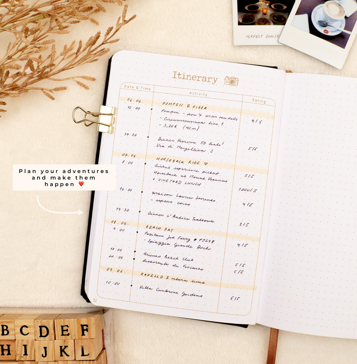 Open travel notebook with Amalfi Coast itinerary, designed for planning your adventures and making them happen.
