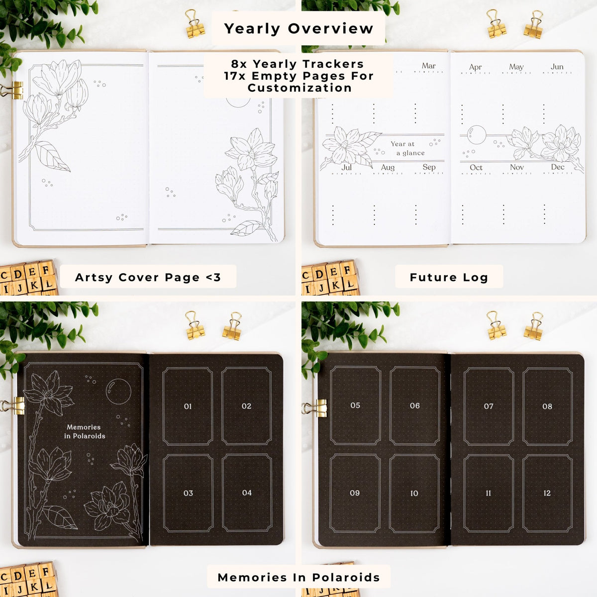 Yearly overview in a premade planner, including yearly tracker pages, cover page, future log, and memories in polaroids.
