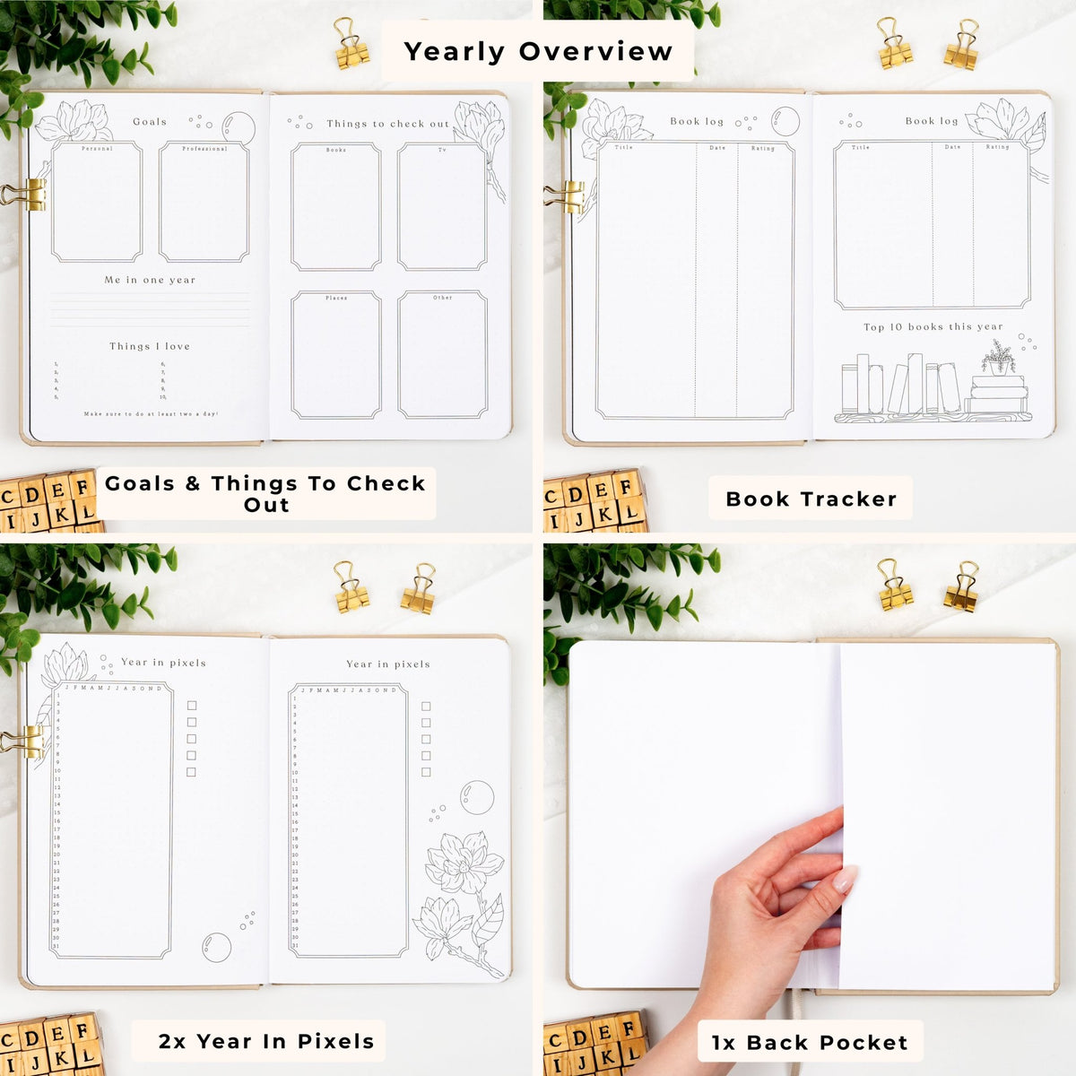 Yearly overview in a premade planner, including yearly goal tracker, things to check out, year in pixels and a back pocket.