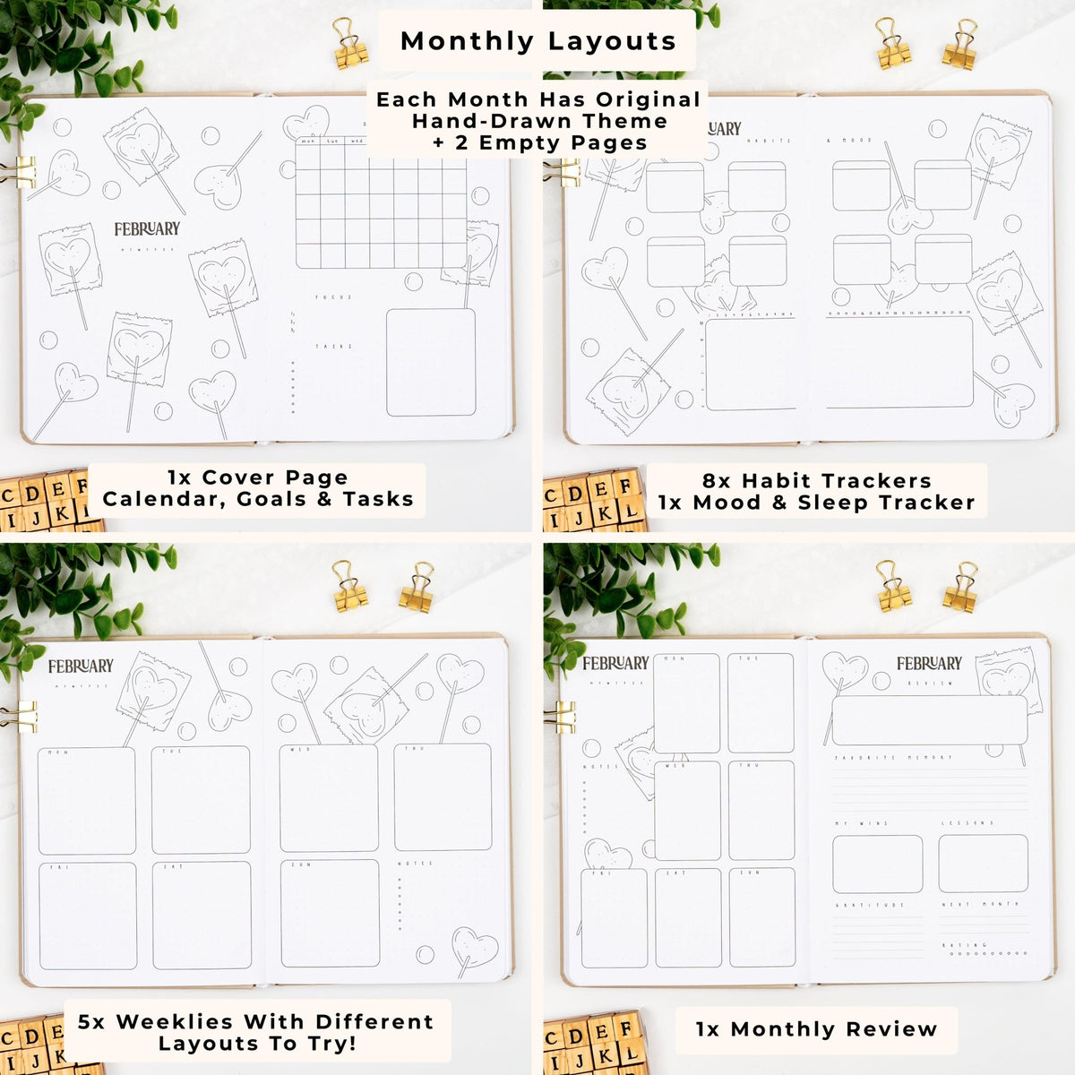 Monthly layouts in a A5 premade dotted notebook