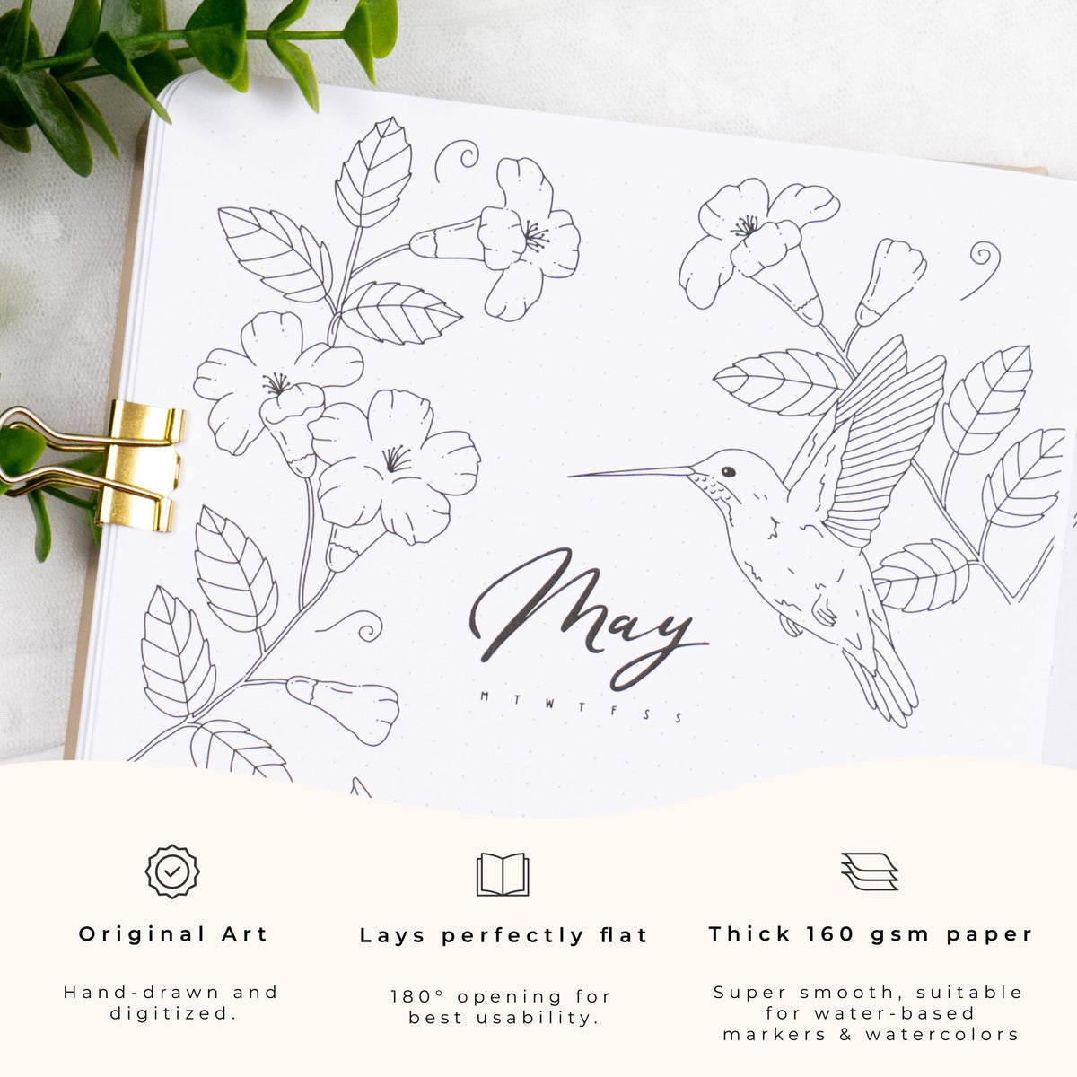 Close-up of a notebook page featuring floral and hummingbird illustration, the month “May,” and product highlights: original art, lay-flat design, and 160gsm thick super smooth paper.
