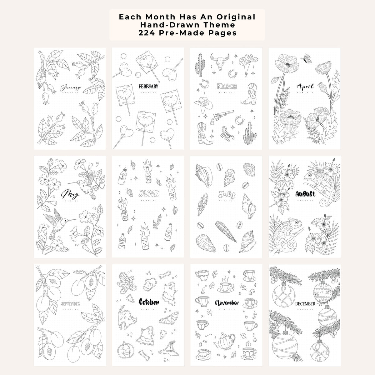 Showcasing 12 monthly hand drawn themes in a premade dotted bullet planner.