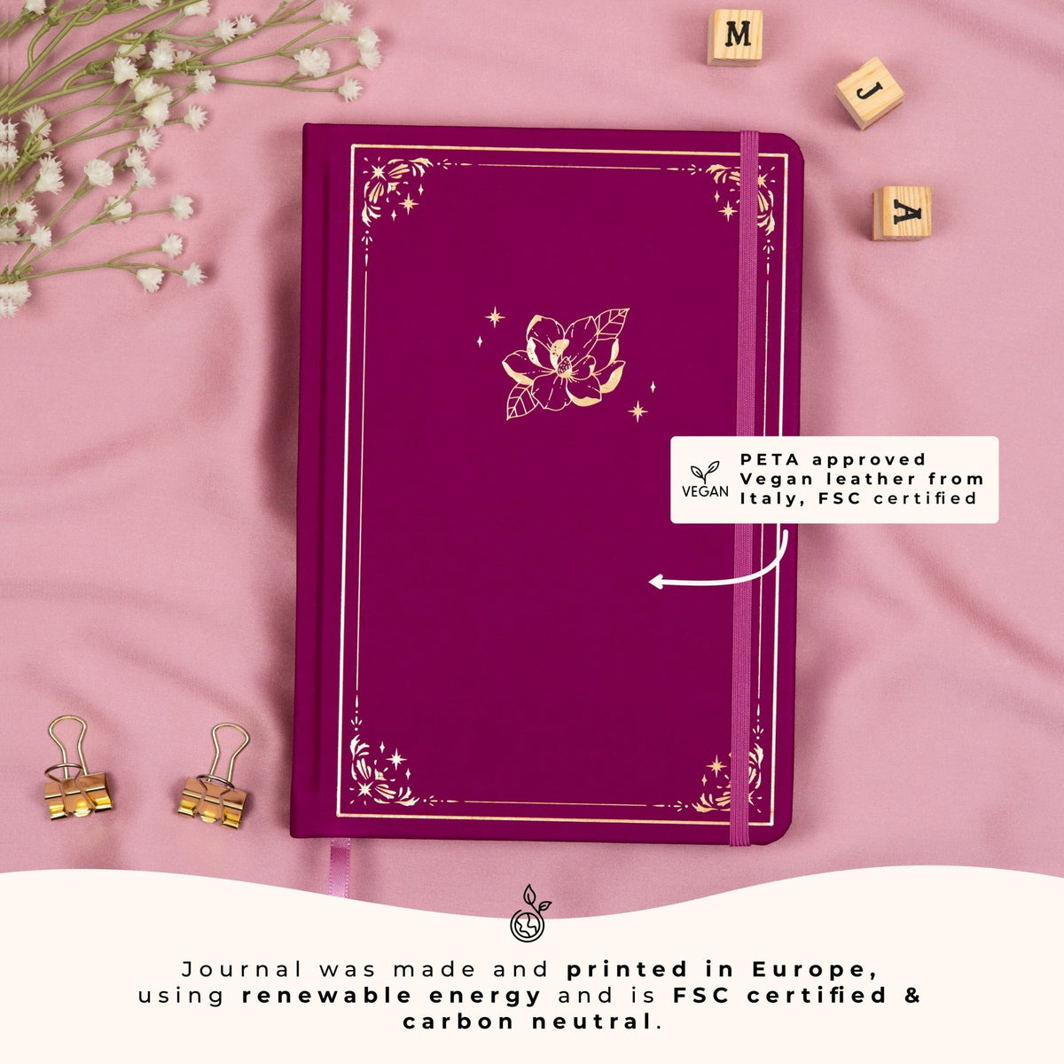 Plum A5 dotted premade bullet style journal made of PETA approved vegan leather, featuring FSC and carbon-neutral certifications, sustainably made in Europe.