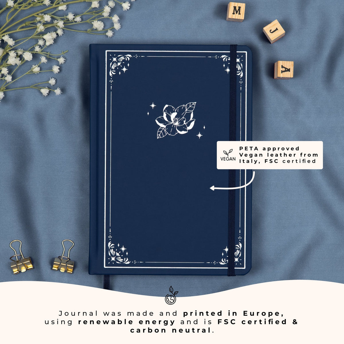Blue Midnight A5 dotted premade bullet style journal made of PETA approved vegan leather, featuring FSC and carbon-neutral certifications, sustainably made in Europe.