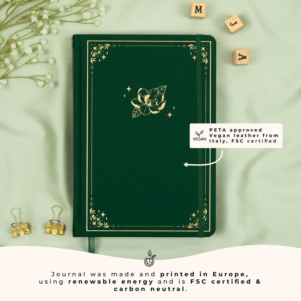 Green Poison Ivy A5 dotted premade bullet style journal made of PETA approved vegan leather, featuring FSC and carbon-neutral certifications, sustainably made in Europe.
