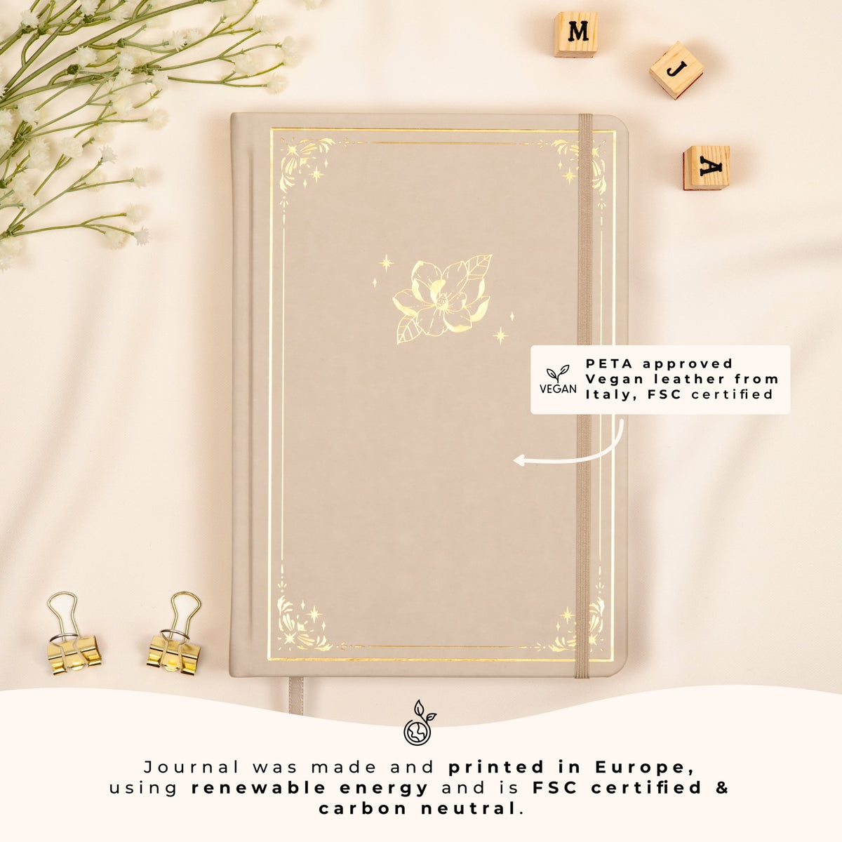 Journal de style bullet prémonté A5 beige avoine à points, fabriqué en cuir végan approuvé par PETA, avec certifications FSC et carboneutre, fabriqué de manière durable en Europe.