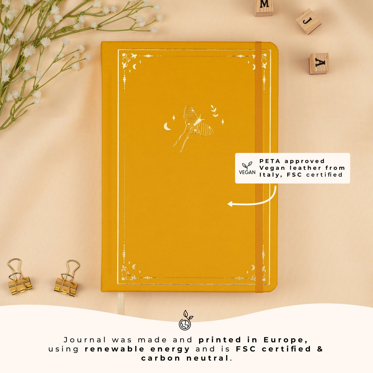 Journal de style bullet prémonté A5 à points Yellow Honey Spice, fabriqué en cuir végan approuvé par PETA, avec certifications FSC et carboneutres, fabriqué de manière durable en Europe.