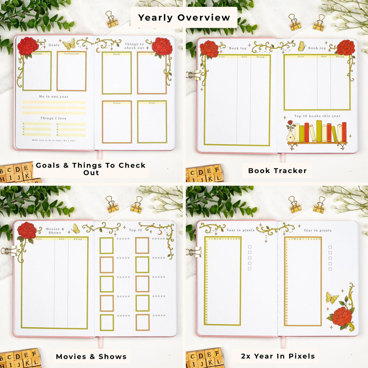 Yearly overview in a Colored premade journal, including yearly goal tracker, things to check out, year in pixels, book tracker and movies and shows tracker