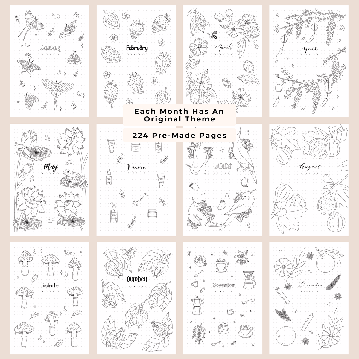 Showcasing 12 monthly hand drawn themes in a premade dotted bullet planner.