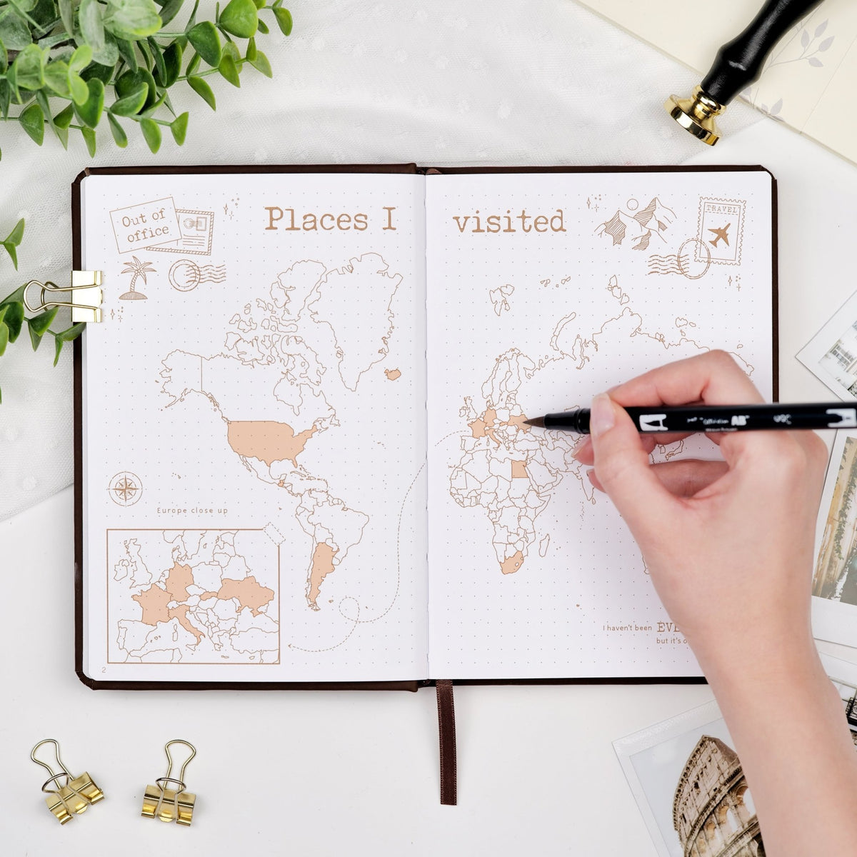 Opened premade travel planner on a world map where you can mark visited places.