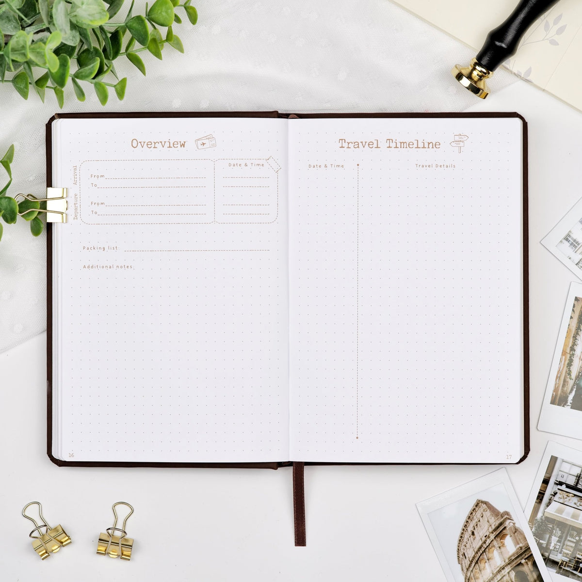 Premade travel journal Trip overview and travel timeline pages.