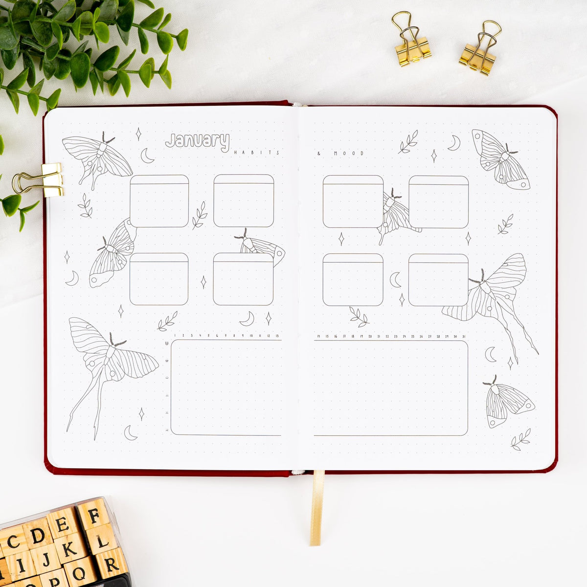 January habits and mood tracker spread of a premade journal, with Luna Moth artwork