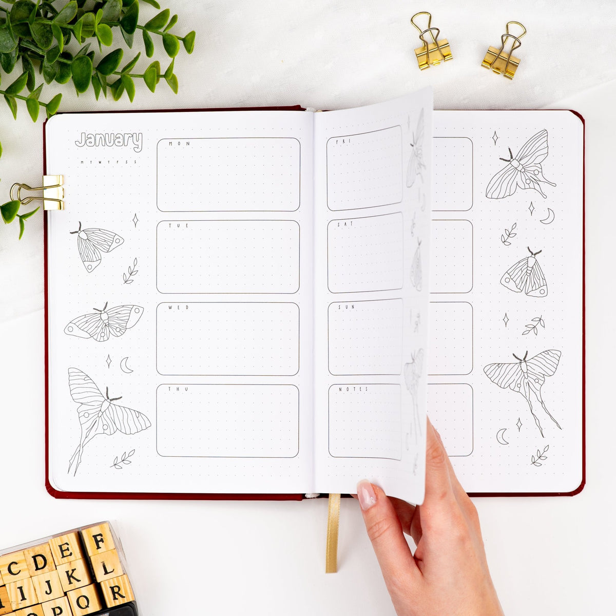 Second and third monthly weekly layout of a premade journal designed for Dutch door setup with calligraphy January title, calendar, days and notes section.