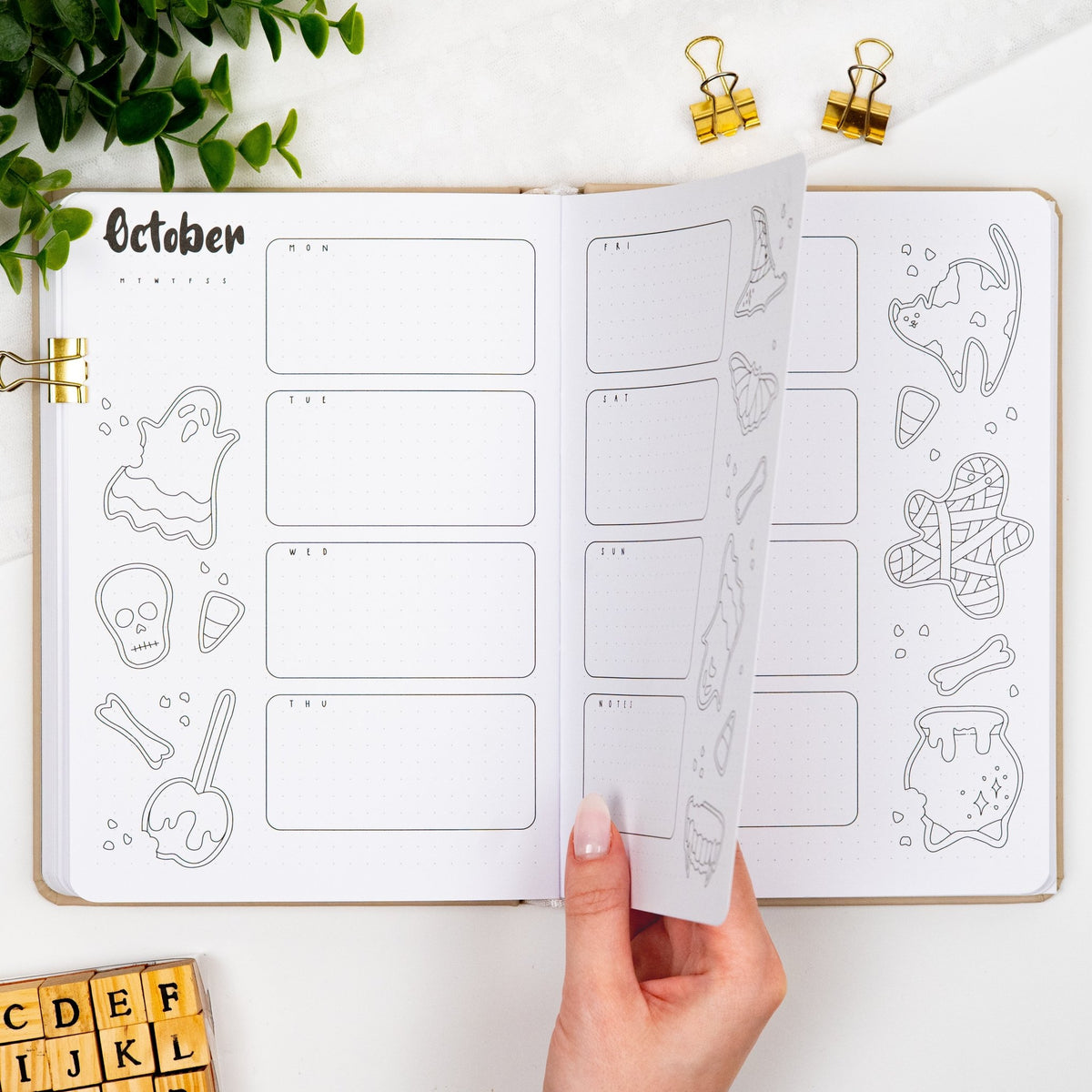 Second and third monthly weekly layout of a premade journal designed for Dutch door setup with calligraphy October title, calendar, days and notes section.