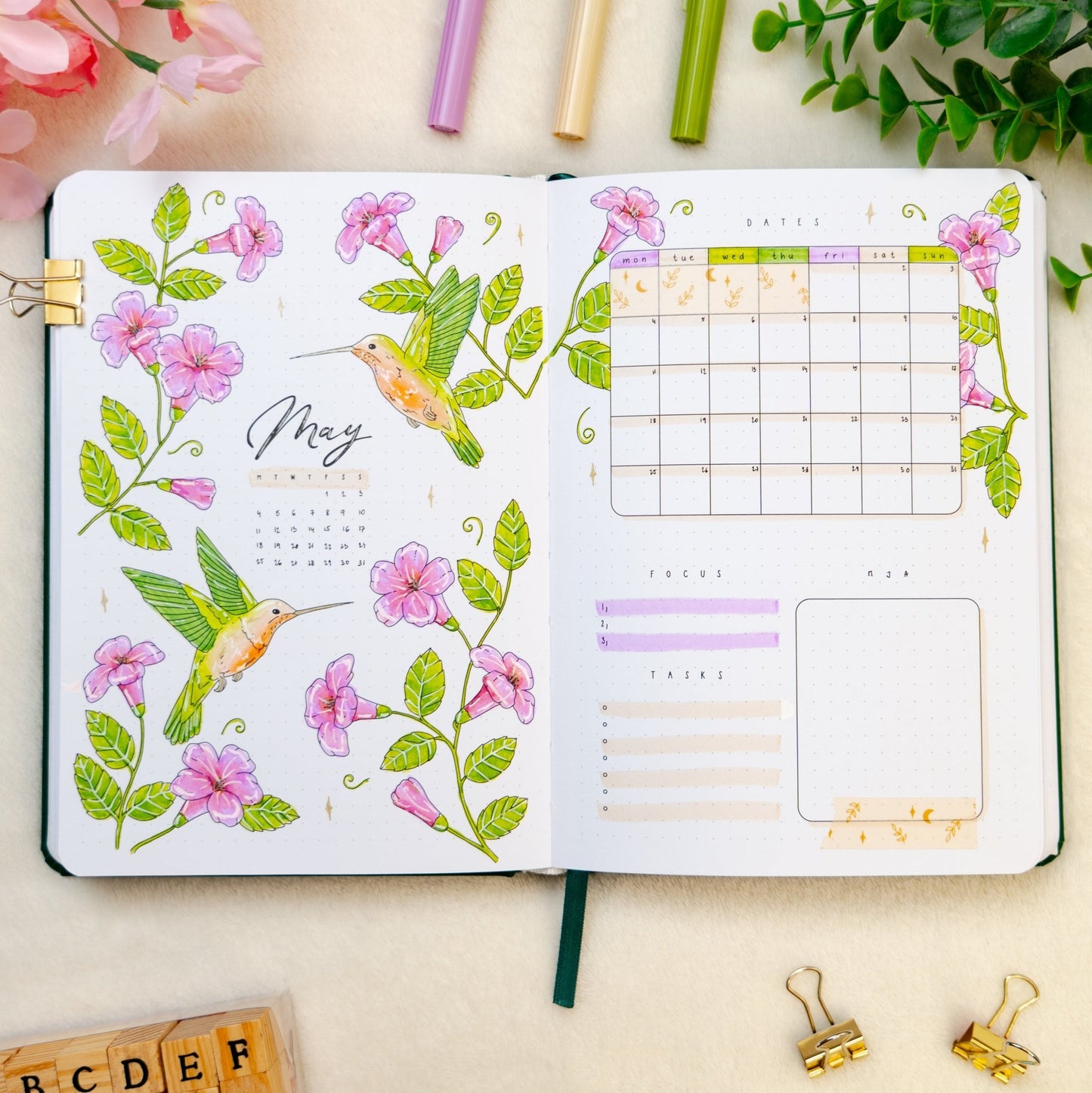Premade bullet style journal with hummingbirds and flowers with midnight washi tape
