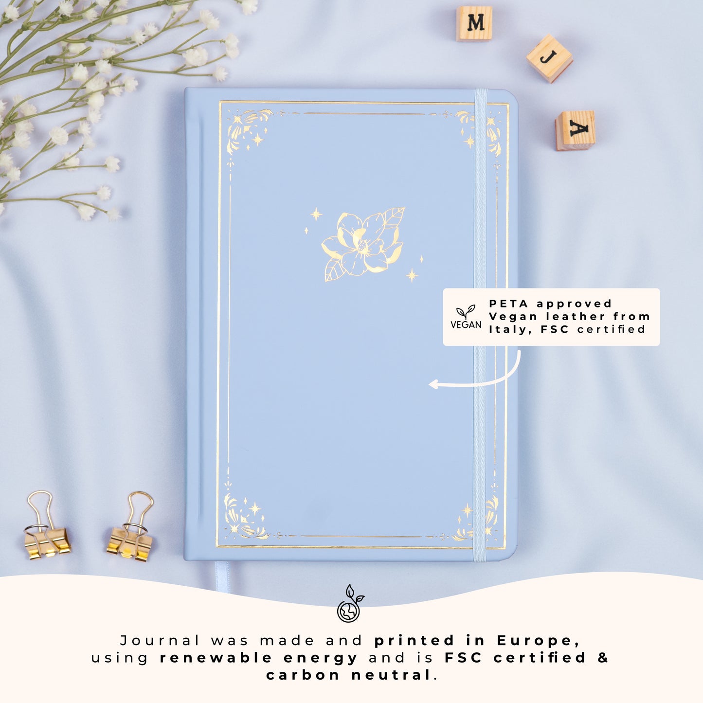 Light Blue Cloud A5 dotted premade bullet style journal made of PETA approved vegan leather, featuring FSC and carbon-neutral certifications, sustainably made in Europe.