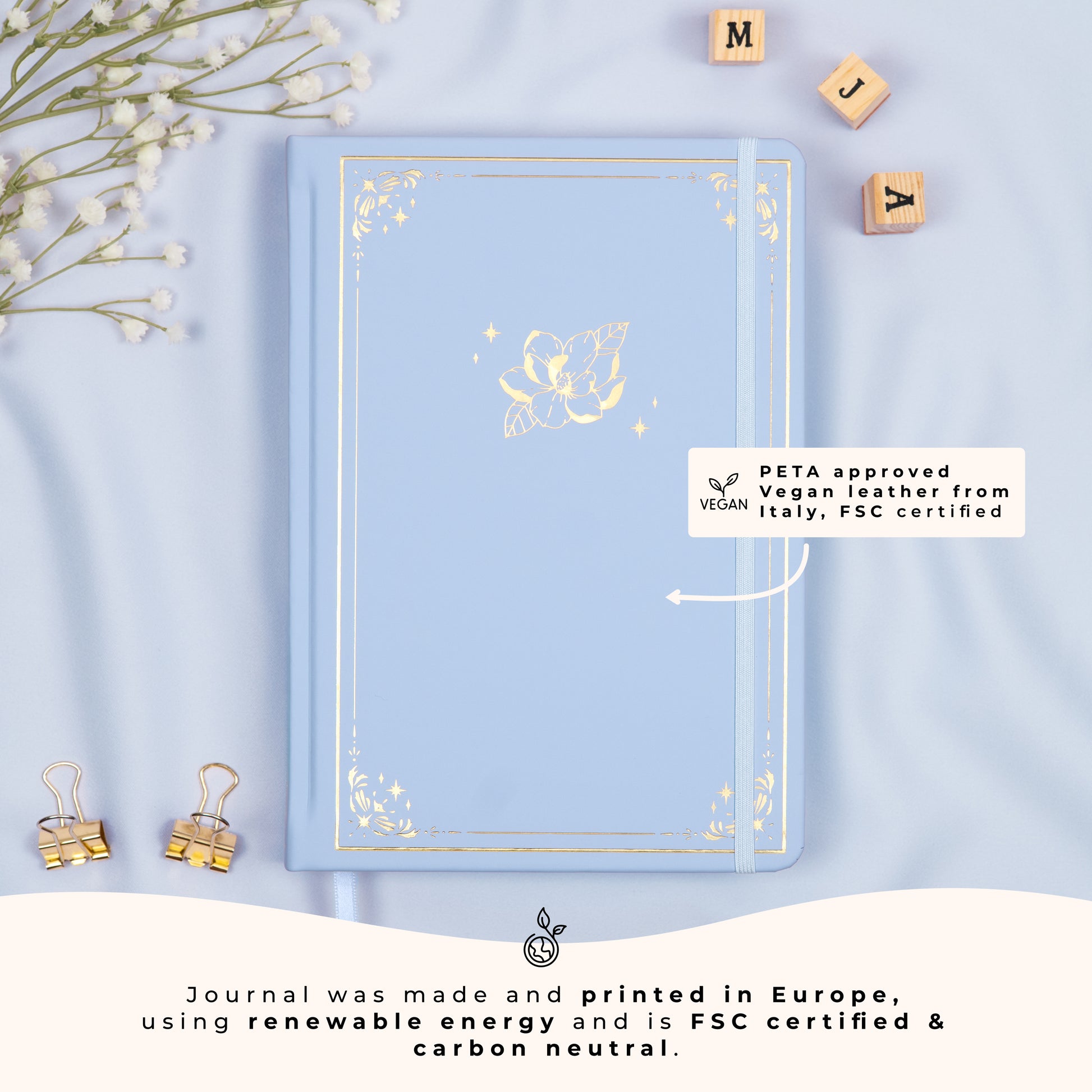 Light Blue Cloud A5 dotted premade bullet style journal made of PETA approved vegan leather, featuring FSC and carbon-neutral certifications, sustainably made in Europe.