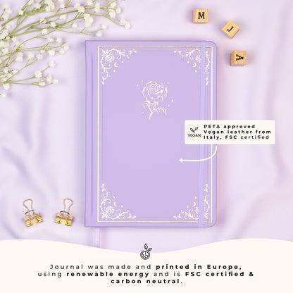 Lavender A5 dotted premade bullet style journal made of PETA approved vegan leather, featuring FSC and carbon-neutral certifications, sustainably made in Europe.