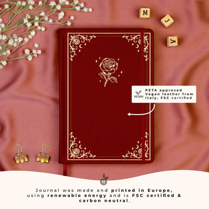 Deep red A5 dotted premade bullet style journal made of PETA approved vegan leather, featuring FSC and carbon-neutral certifications, sustainably made in Europe.