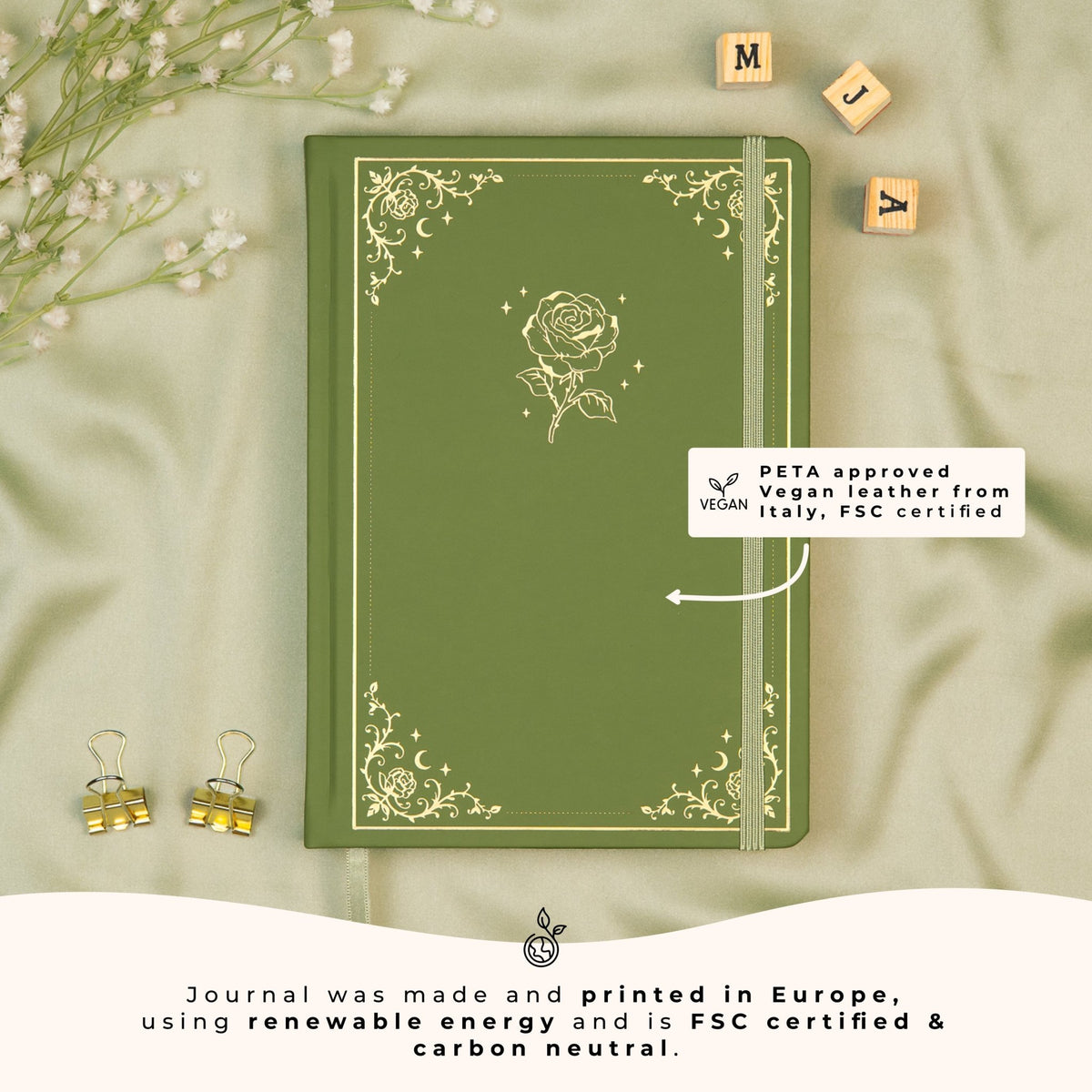 Moss A5 dotted premade bullet style journal made of PETA approved vegan leather, featuring FSC and carbon-neutral certifications, sustainably made in Europe.