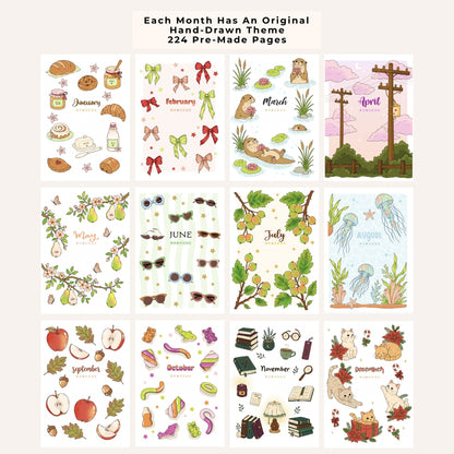 Showcasing 12 monthly hand-drawn themes in a precolored A5 premade dotted bullet planner