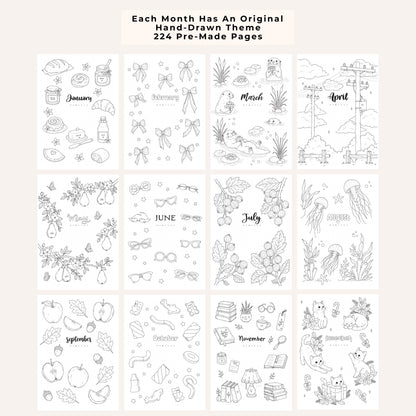 Showcasing 12 monthly hand-drawn themes in a A5 premade dotted bullet planner
