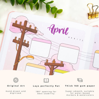 A premade journal page showing a designed April cover page with clouds, and habit tracking. Product highlights at the bottom: original art, lay-flat design, and 160gsm thick super smooth paper.