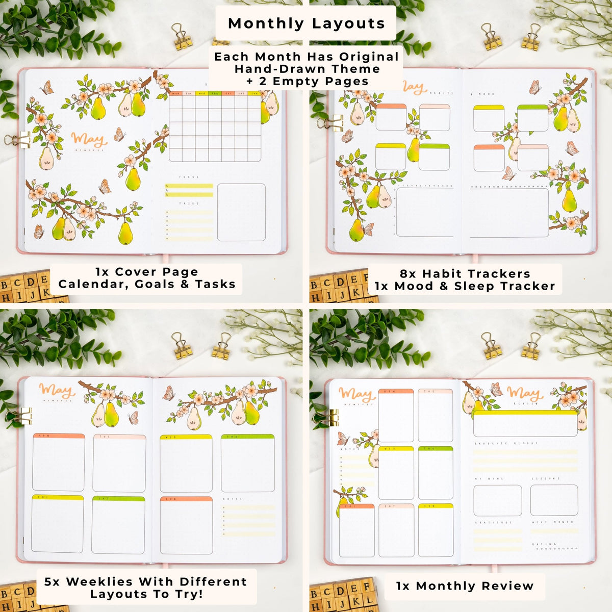 Fully designed Monthly layouts in a colored A5 premade bullet style journal with dotted pages.