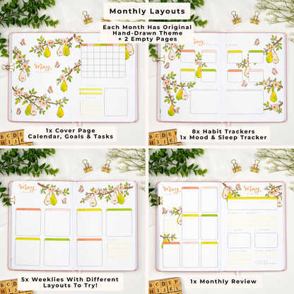 Fully designed Monthly layouts in a colored A5 premade bullet style journal with dotted pages.