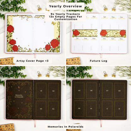 Colored yearly overview in a premade planner, including yearly tracker pages, cover page, future log, and memories in polaroids.