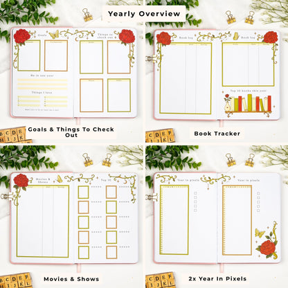 Yearly overview in a Colored premade journal, including yearly goal tracker, things to check out, year in pixels, book tracker and movies and shows tracker