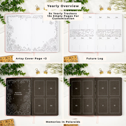 Yearly overview in a premade planner, including yearly tracker pages, cover page, future log, and memories in polaroids.