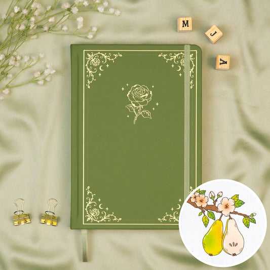 Sage colored Premade bullet style journal made of Italian vegan leather with an embossed gold rose design.