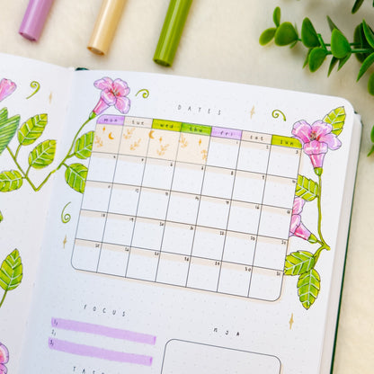 Calendar in Premade bullet style journal with Midnight washi tape