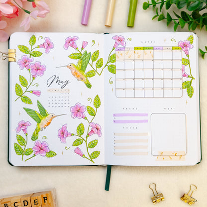 Premade bullet style journal with hummingbirds and flowers with midnight washi tape