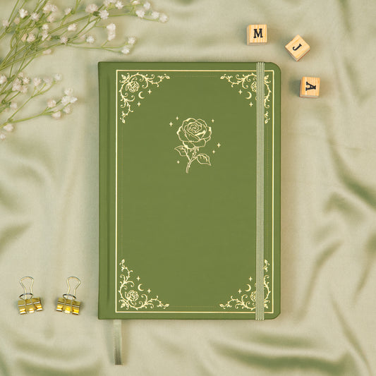 Sage Premade bullet style journal made of Italian vegan leather with an embossed gold rose design.