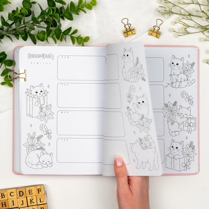 Second and third monthly weekly layout of a premade journal designed for Dutch door setup with calligraphy monthly title, calendar, days and cute illustrations of cats in christmas mood.